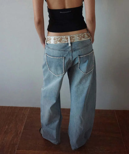 Beaded Waist Denim Pants / Mid Blue
