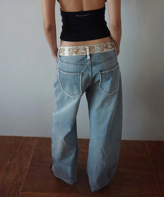 Beaded Waist Denim Pants / Mid Blue