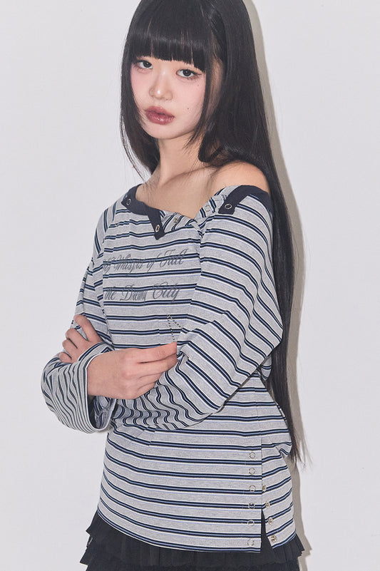 Lettering Snap Long Sleeve Navy Stripe