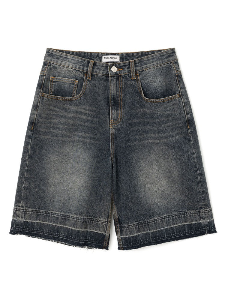 Layer Washed Denim Bermuda Pants [Deep Blue]