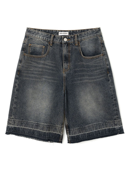 Layer Washed Denim Bermuda Pants [Deep Blue]