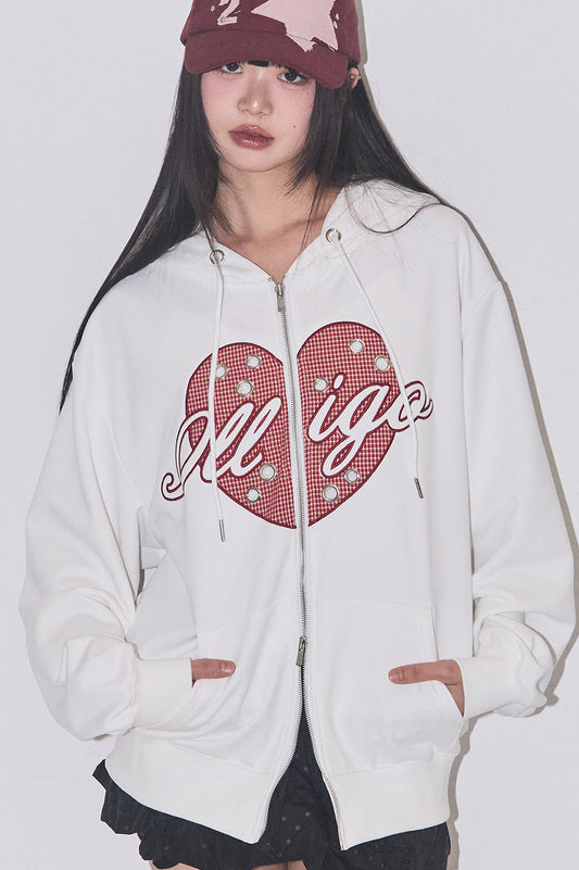 Check heart eyelet hooded zip-up / White