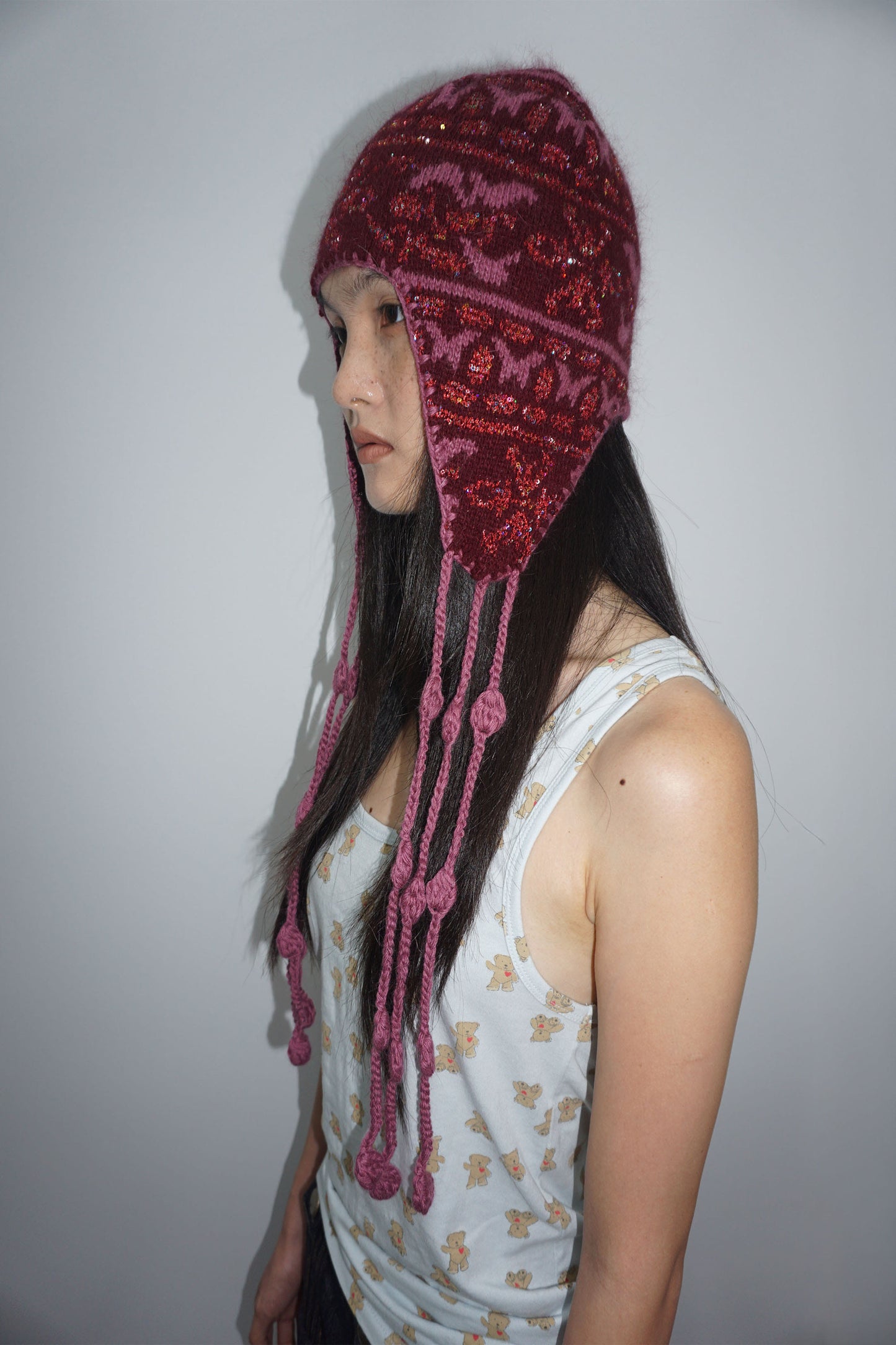 Sequin Nordic Earflap Beanie Deep Purple