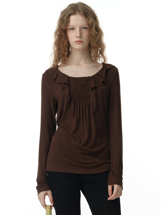 Ruffle Shirring T-Shirts [Brown]