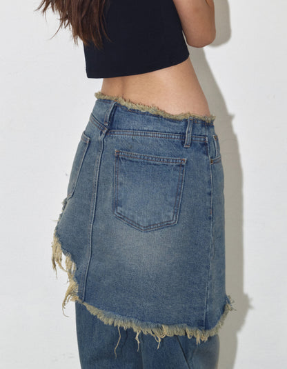 LAYERED SKIRT WITH FRAYED JEANS