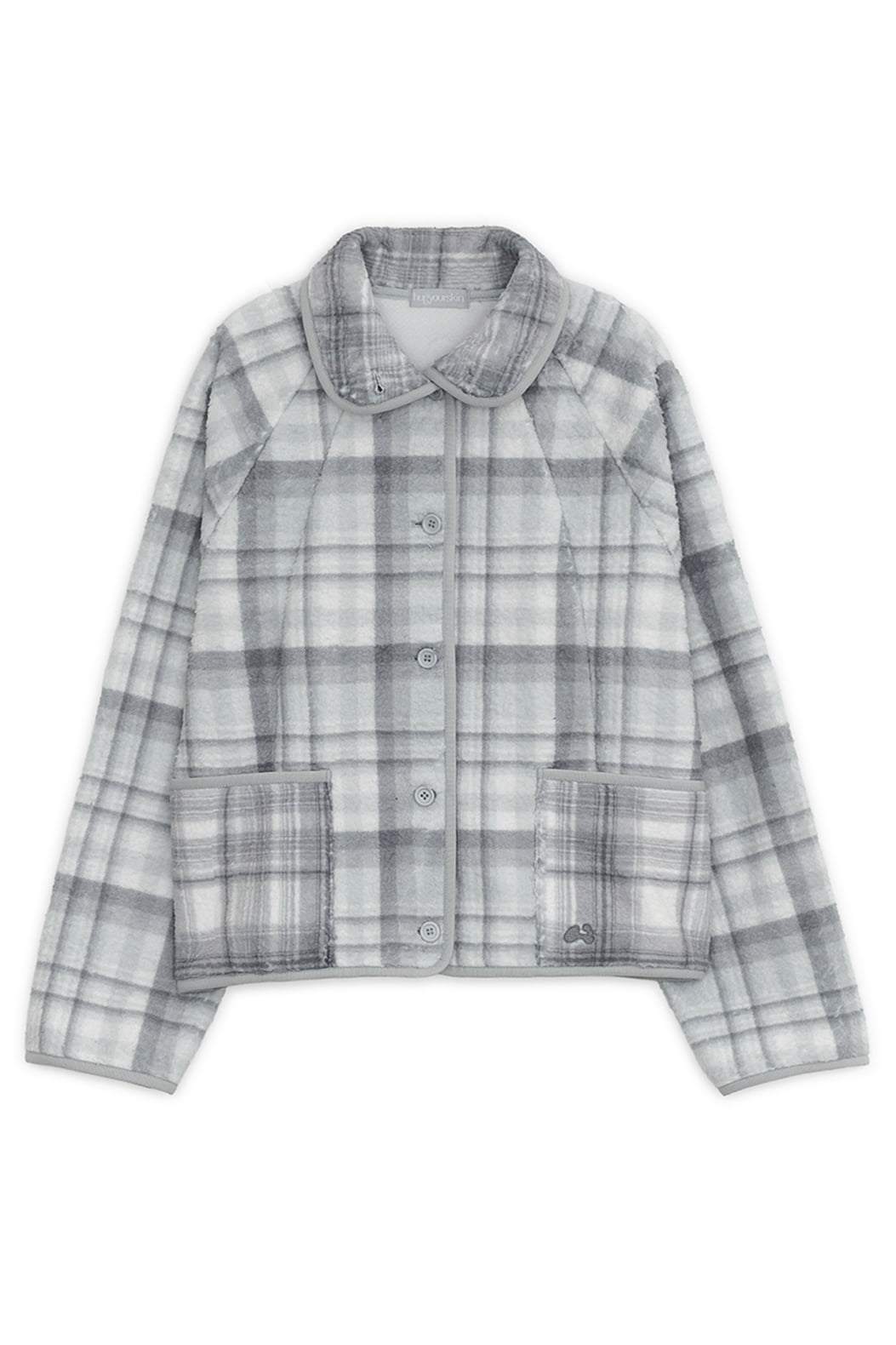 Round collar check fleece jacket (Mint gray)