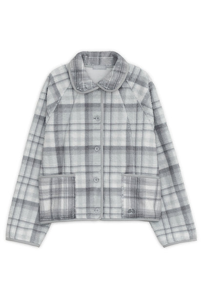 Round collar check fleece jacket (Mint gray)