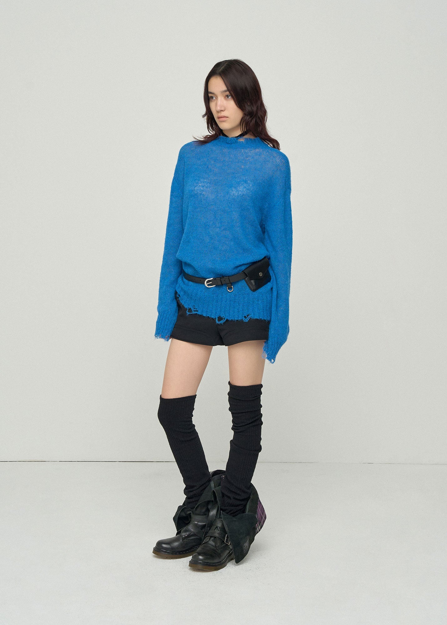 SEMI-SHEER DISTRESSED SWEATER WITH NECK WEAR / 2 Color