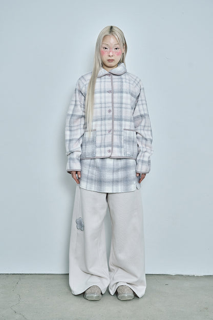 Round collar check fleece jacket (Pink gray)