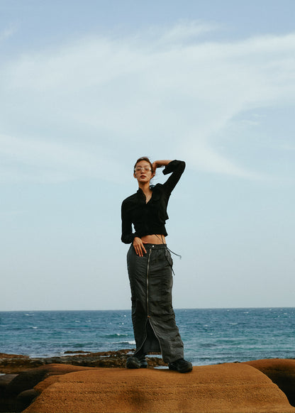 ZIP-FRONT CARGO LONG SKIRT / 2 Color