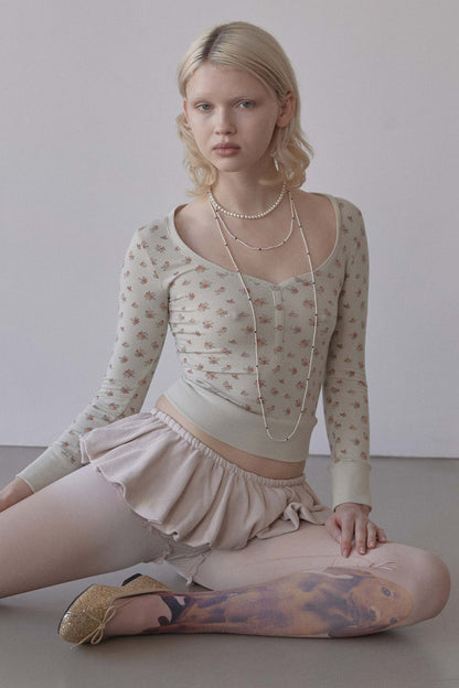 Floral Cottage Button Henley Beige