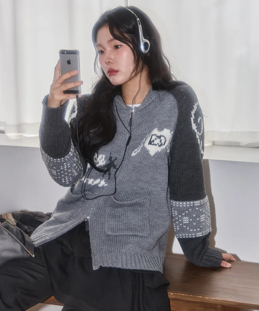 Angel Ring Cowichan Knit Zip-up / Grey