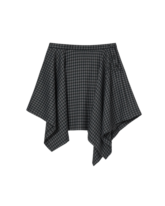 ASYMMETRIC DRAPE CHECK SKIRT [BLACK]