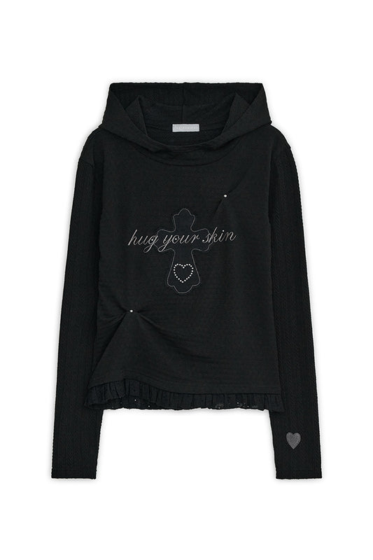 Lace cross patch hoodie (Black)