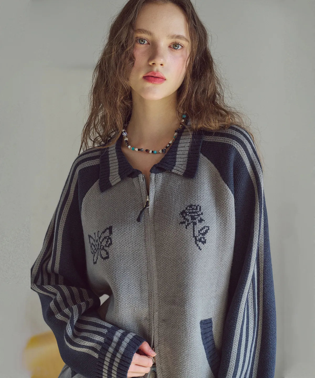 Sweet Cherry Knit Zip Up / Navy