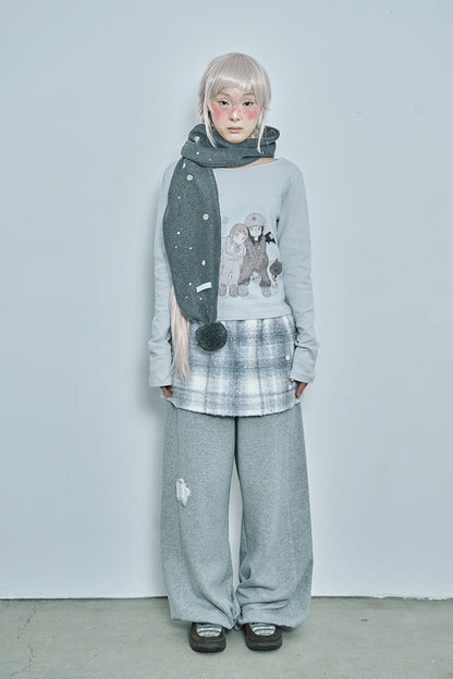 Embo pom-pom fleece muffler (Charcoal)