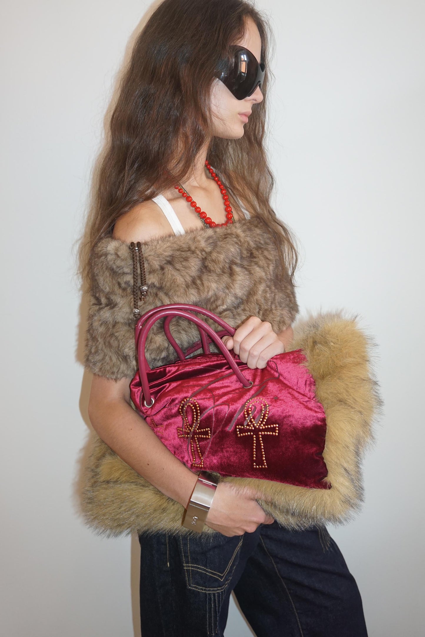 Fluffy Slouch Velvet Bag Burgundy