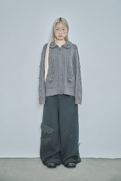 Popcorn knit zip-up (Charcoal)