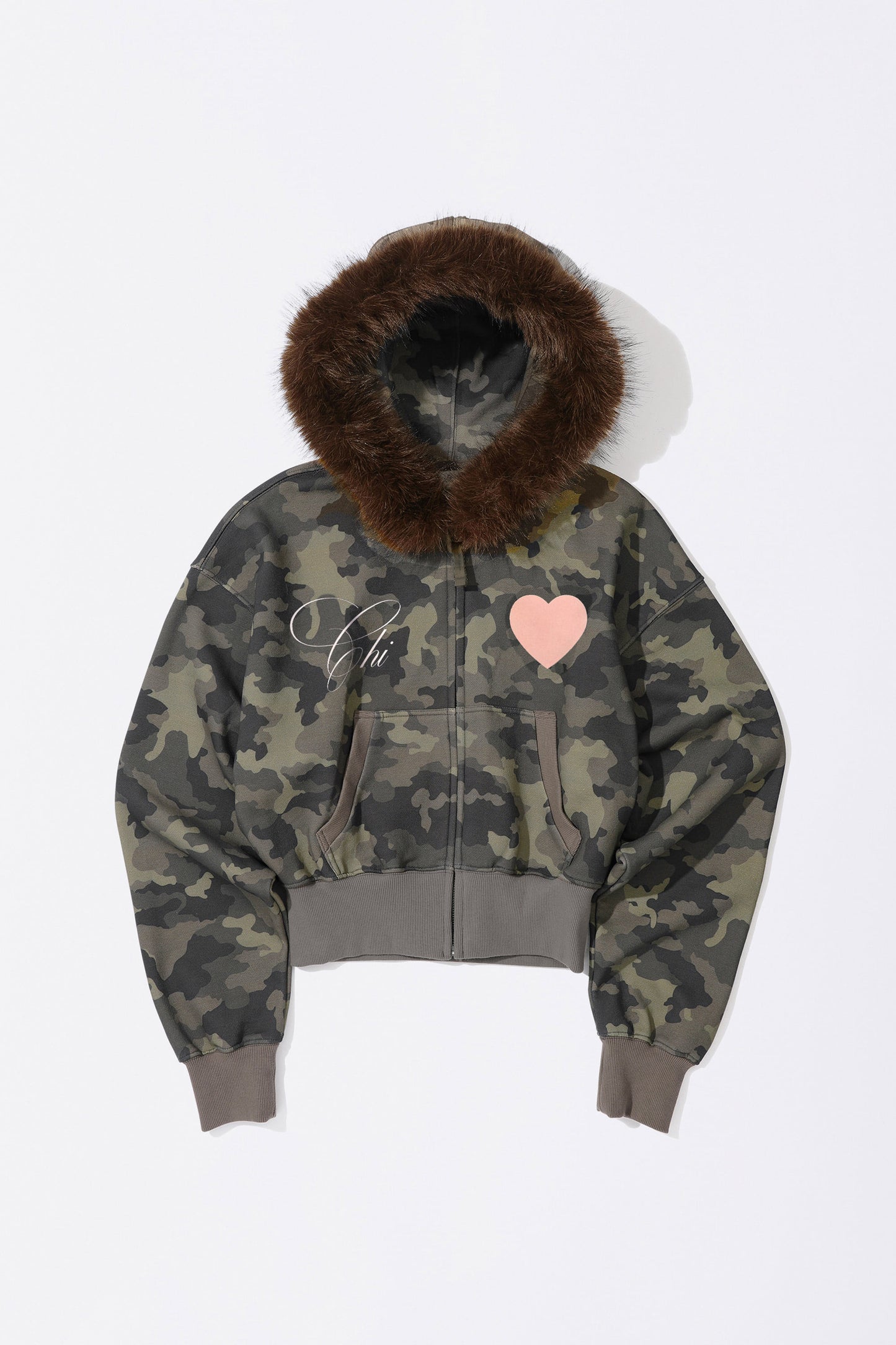 Faux Fur Trimming Hooded Zip-Up Forest Camo