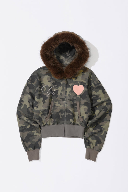Faux Fur Trimming Hooded Zip-Up Forest Camo