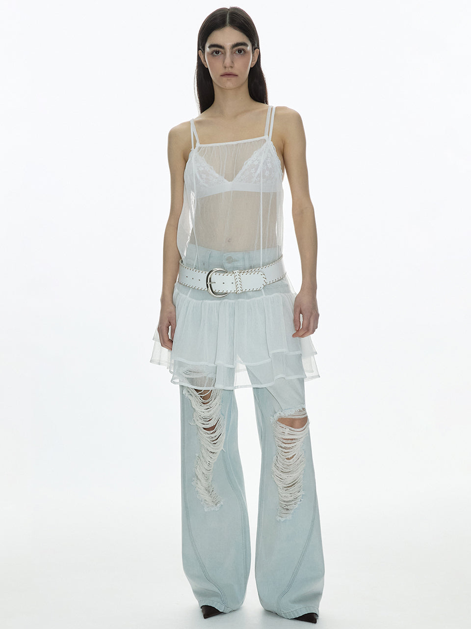 Sheer Frill Dress [White]