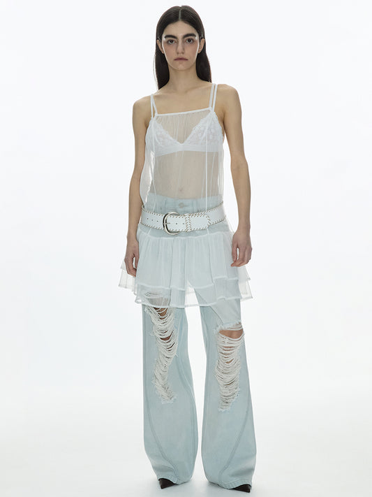 Sheer Frill Dress [White]