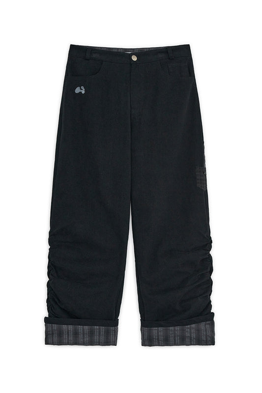 Check roll-up cotton pants (Black)
