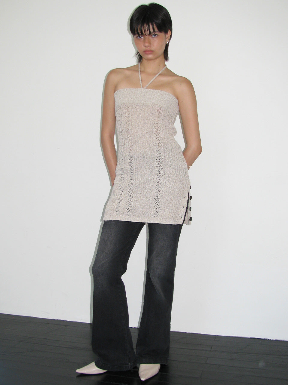 Button Long Knit Top [Beige]