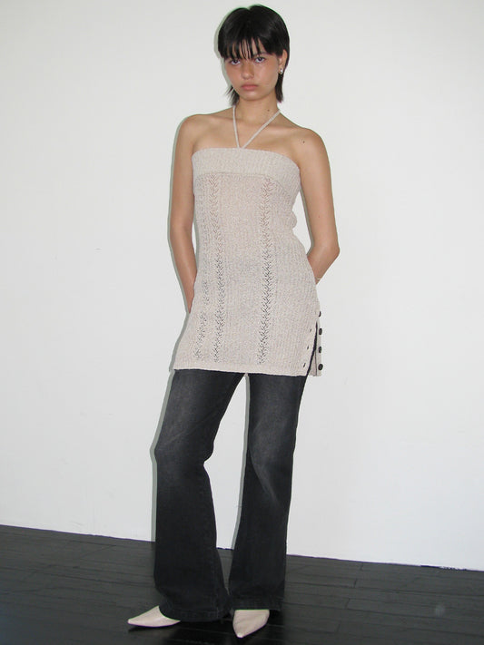 Button Long Knit Top [Beige]