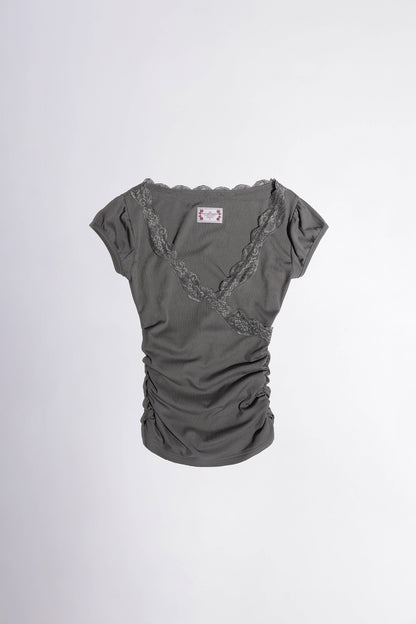 lace Trim Wrap Tee Charcoal
