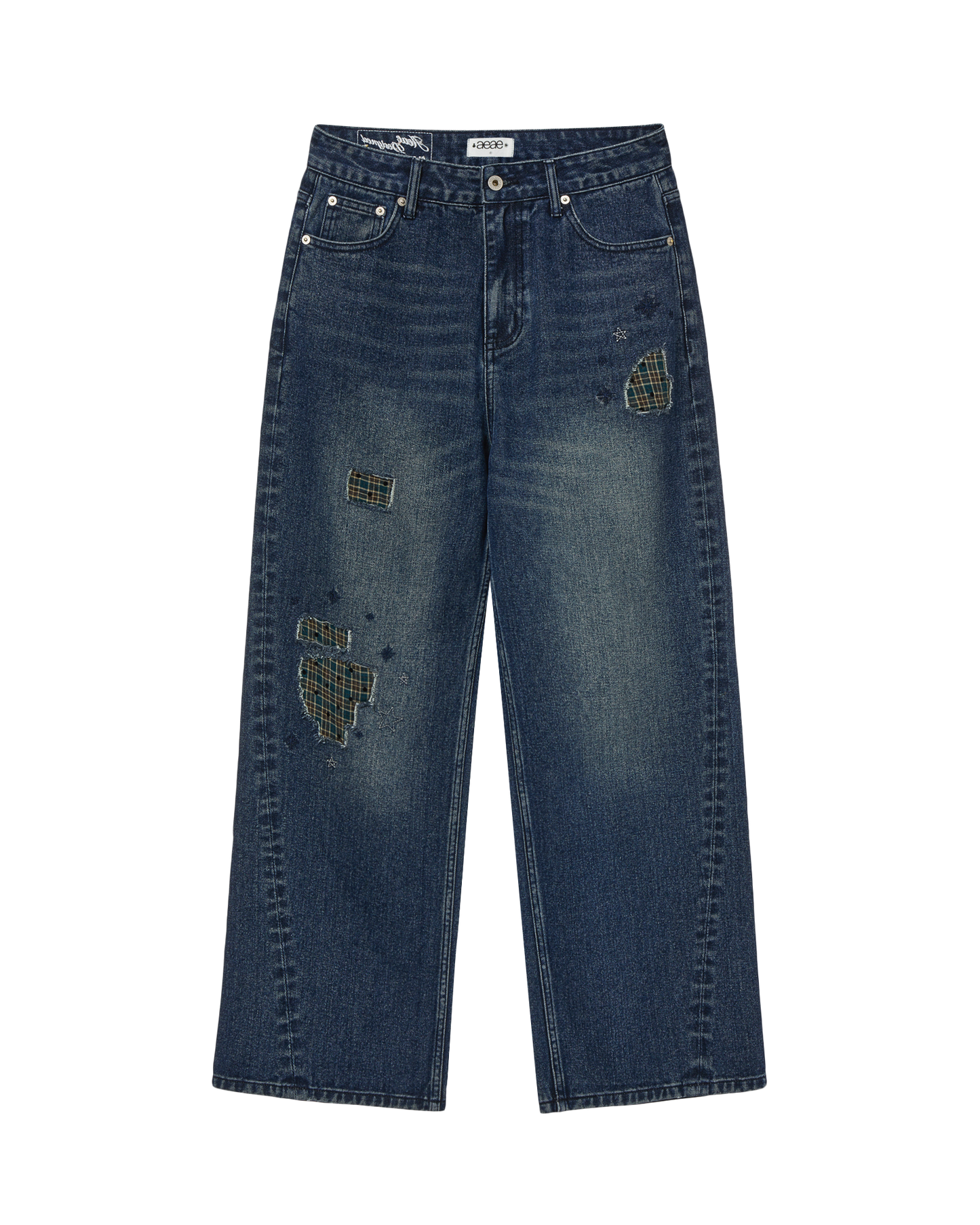 CHECK PATCHWORK DENIM PANTS [ASH BLUE]