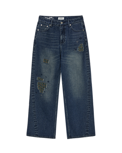 CHECK PATCHWORK DENIM PANTS [ASH BLUE]