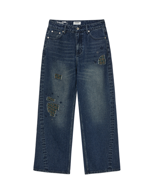 CHECK PATCHWORK DENIM PANTS [ASH BLUE]