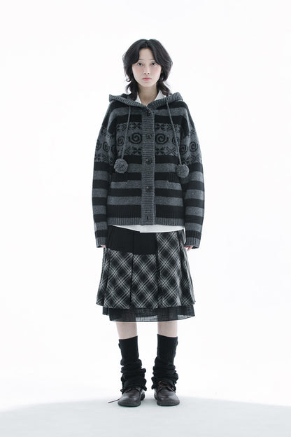 Angel wing hooded pom-pom cardigan (Charcoal)