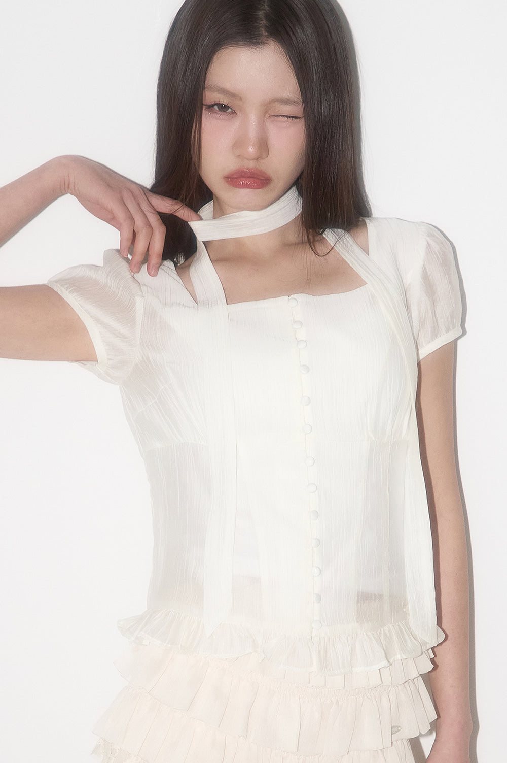 ribbon tie square neck Blouse Cream
