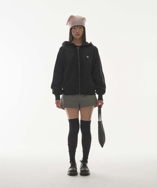 RUFFLE LACE HOOD ZIP-UP BLACK