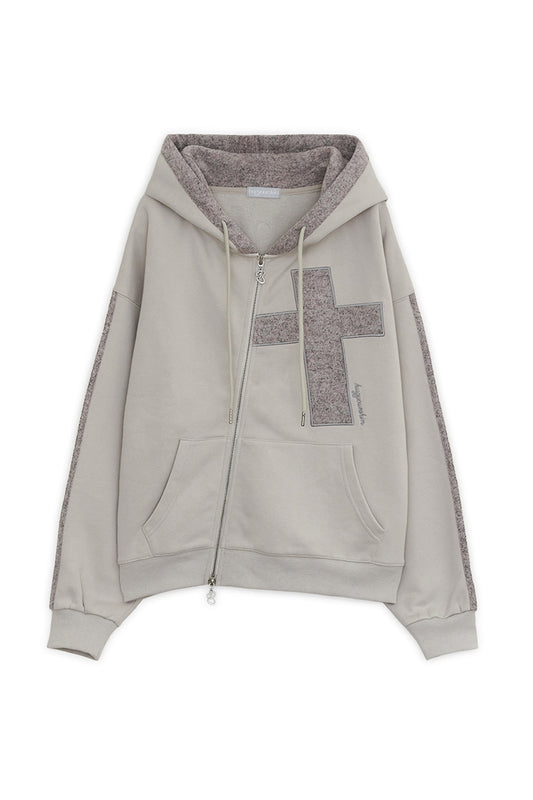 Cross patch hoodie zip-up (Oatmeal)
