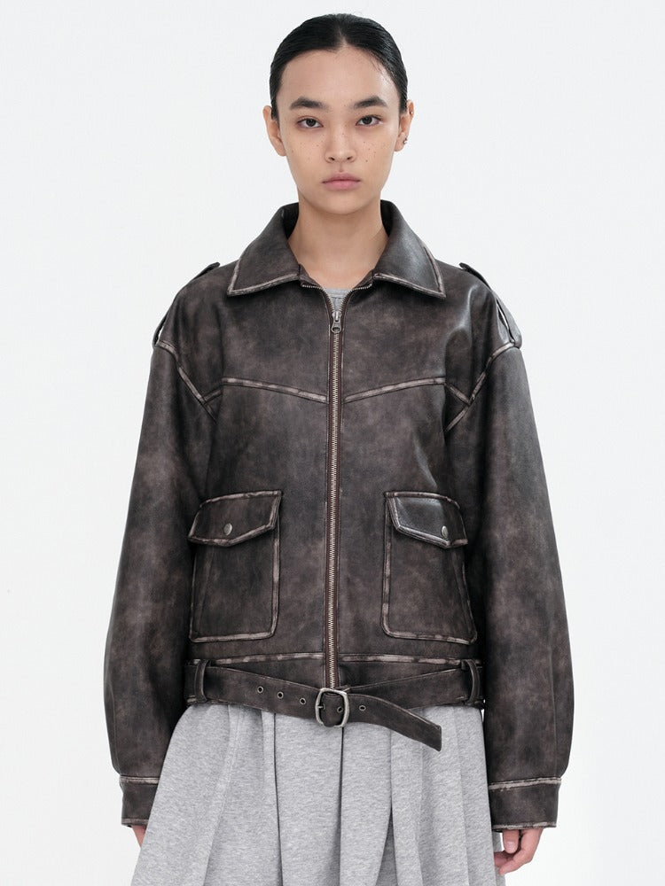 Belted Leather Jacket [Brown]