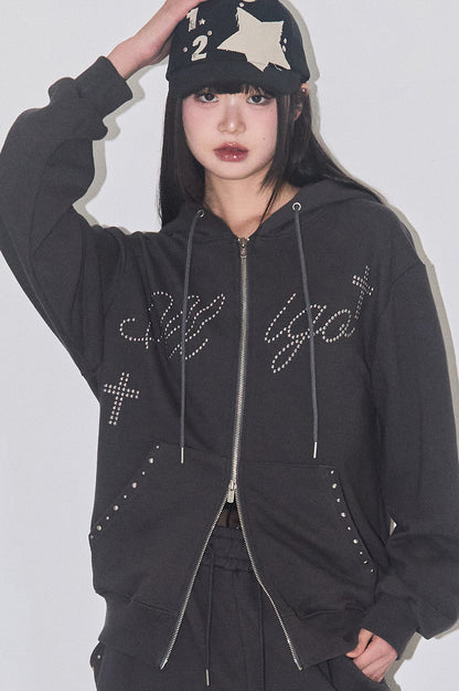 Cross Hotfix Hooded Zip-up in / Charcoal