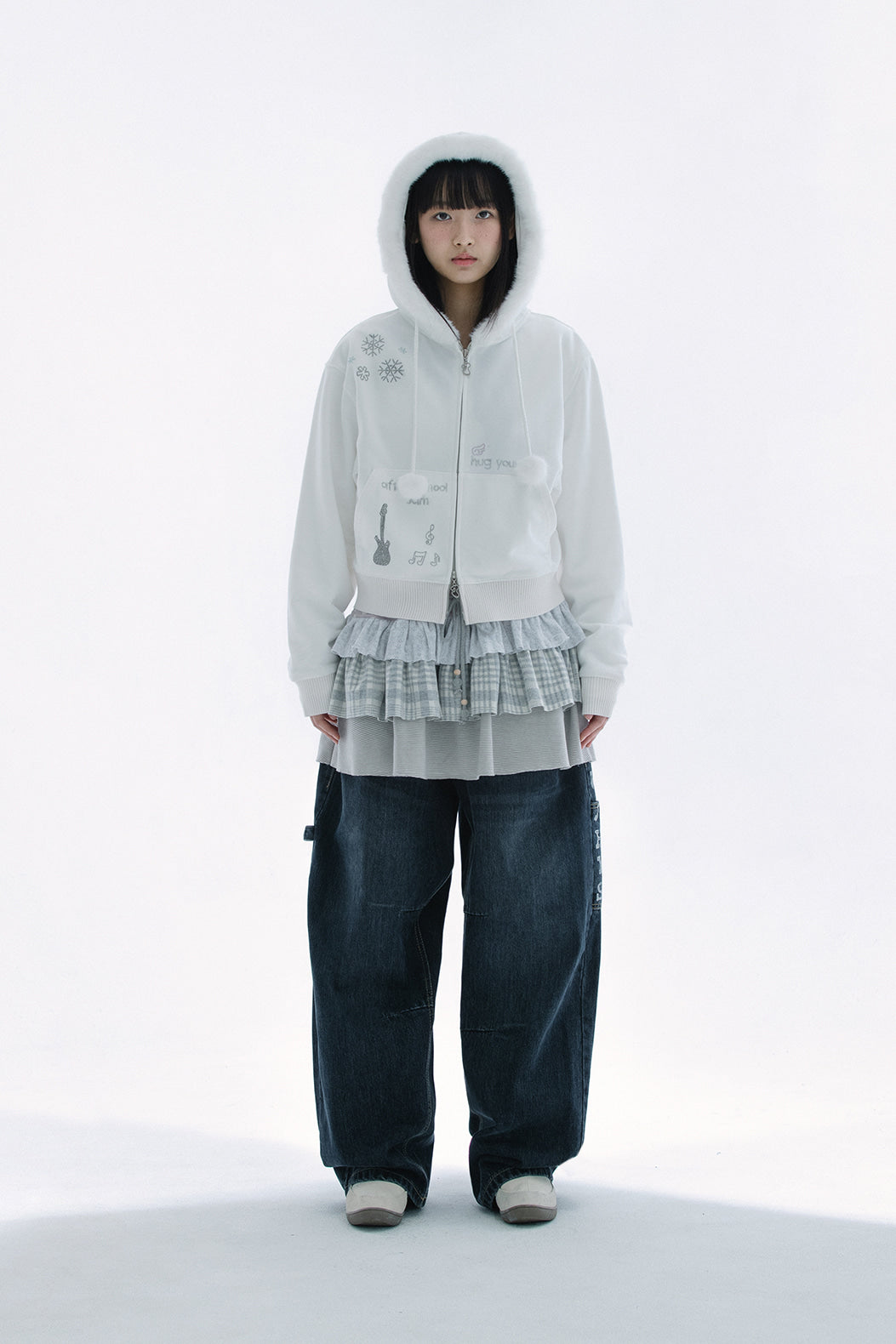 Hotfix fur hoodie zip-up (White)