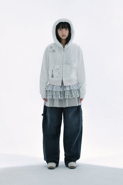 Hotfix fur hoodie zip-up (White)