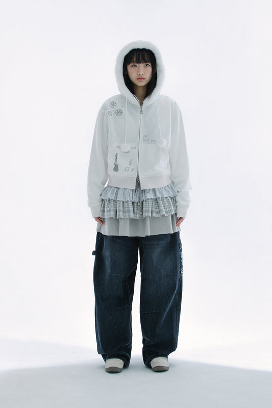 Hotfix fur hoodie zip-up (White)