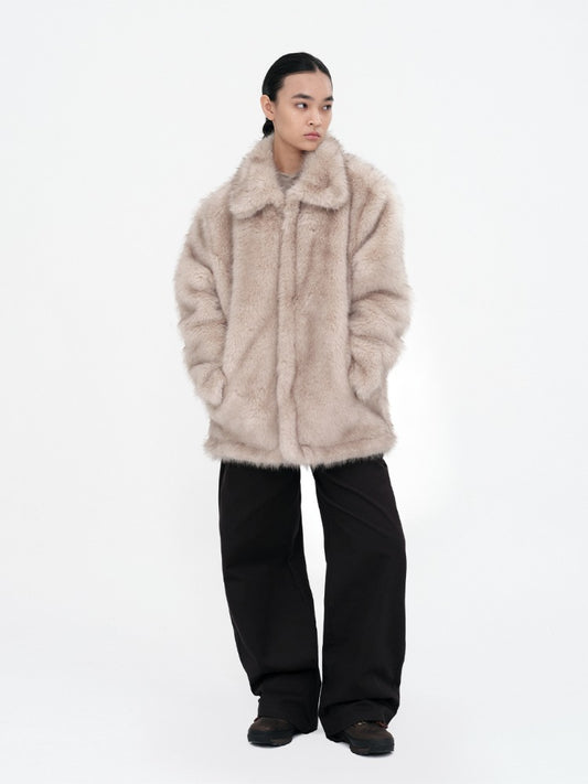Buckle Long Hair Fur Jacket [Light Beige]