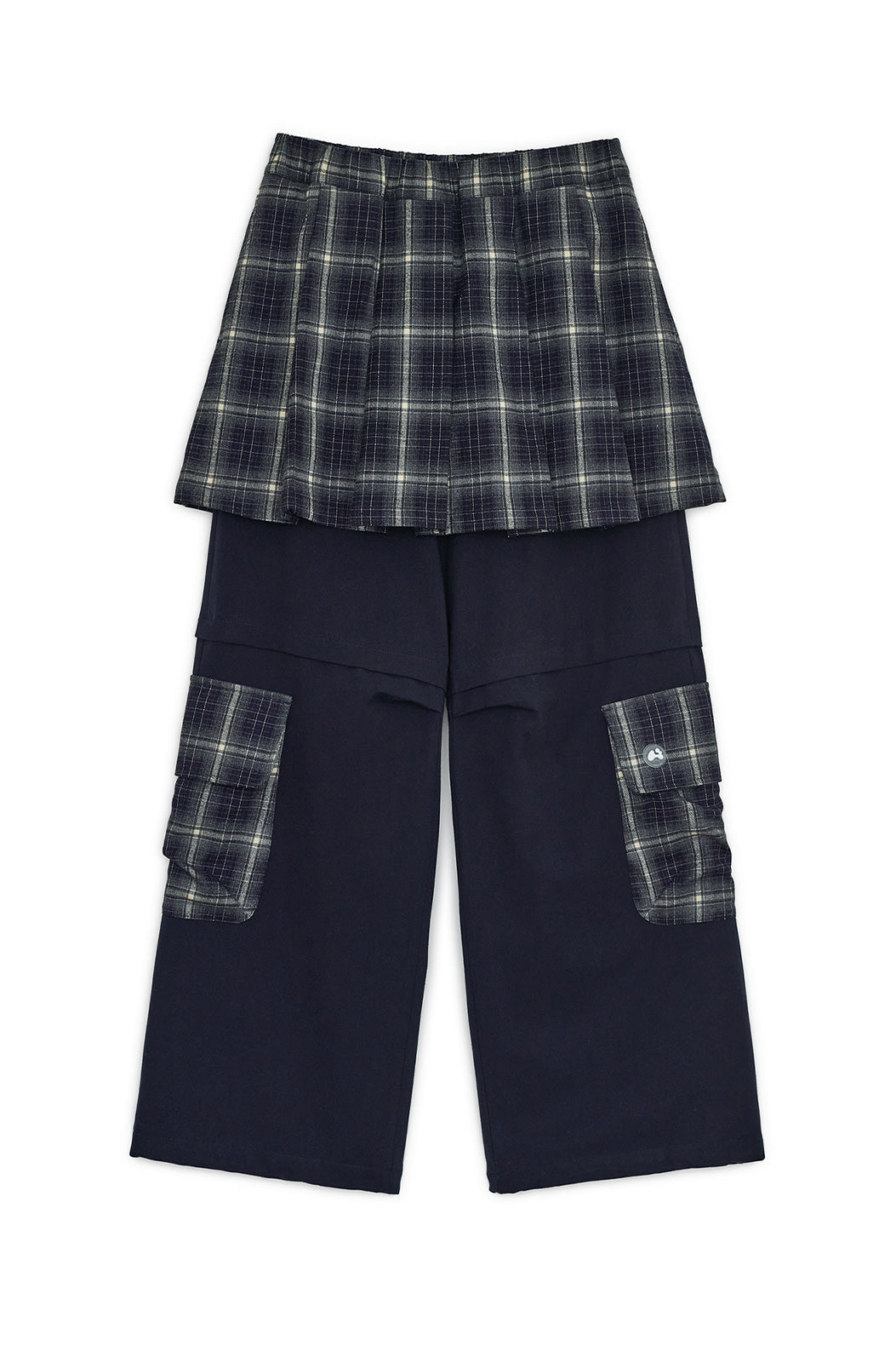 Check skirt layered cargo pants (Navy)