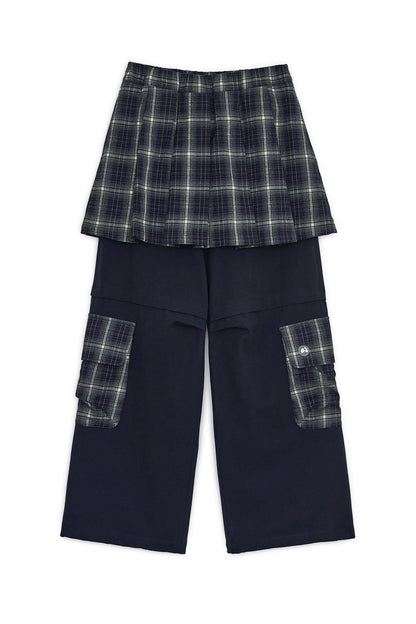 Check skirt layered cargo pants (Navy)