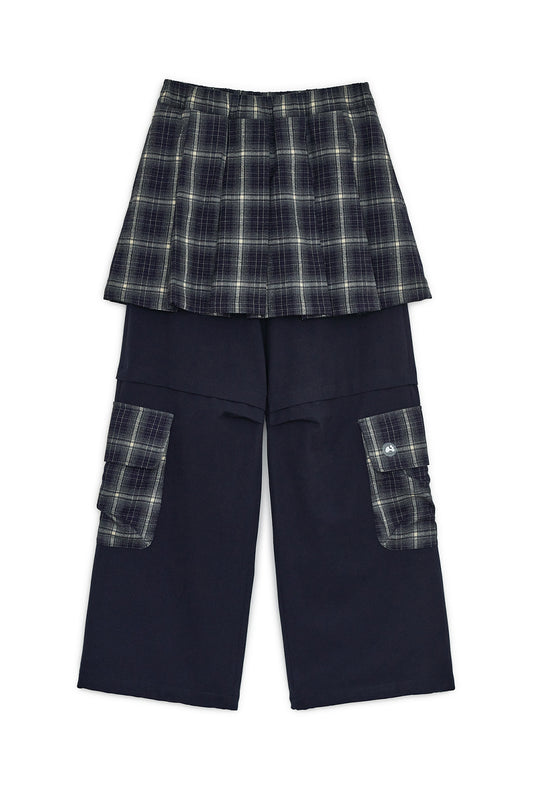 Check skirt layered cargo pants (Navy)