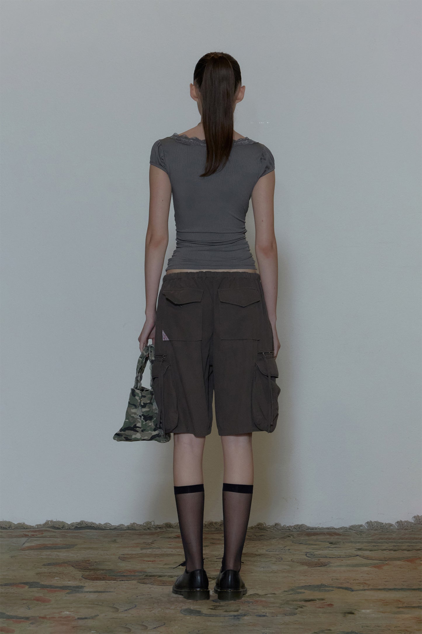 lace Trim Wrap Tee Charcoal