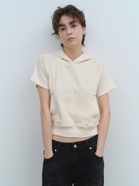 Ribbed Short Sleeve Hoodie [Ivory]
