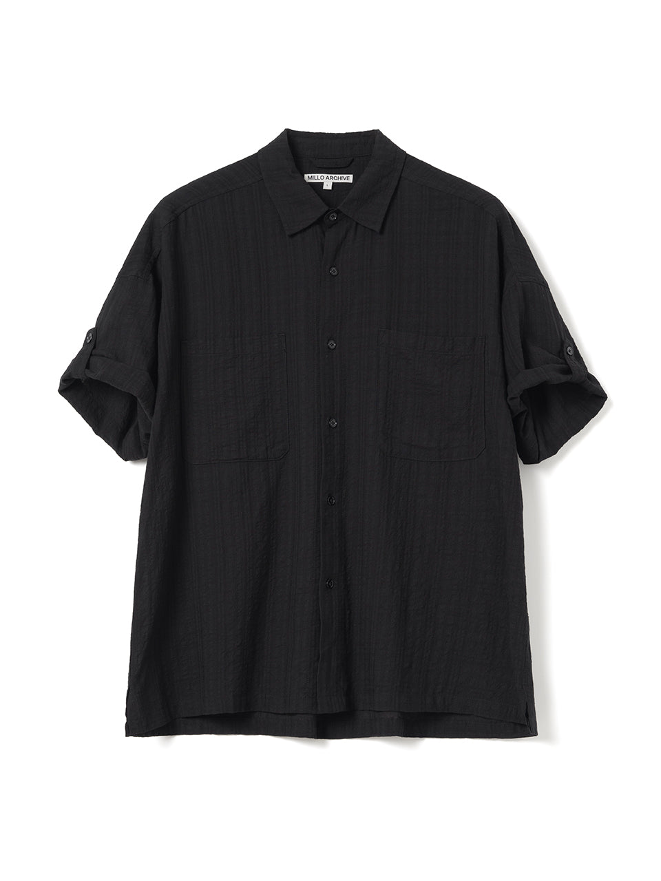 Wrinkle Check Roll Up Half Shirts [Black]