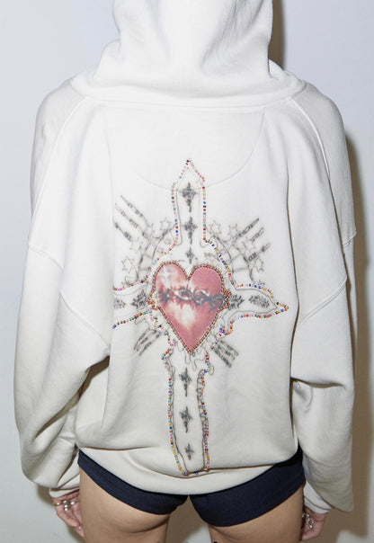 Beaded Saint Hoodie Zip-Up Dirty - white